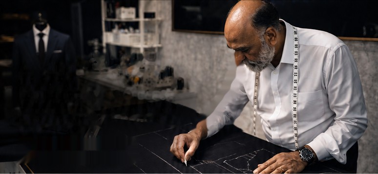 A tailor chalking a pattern at the cutting table
